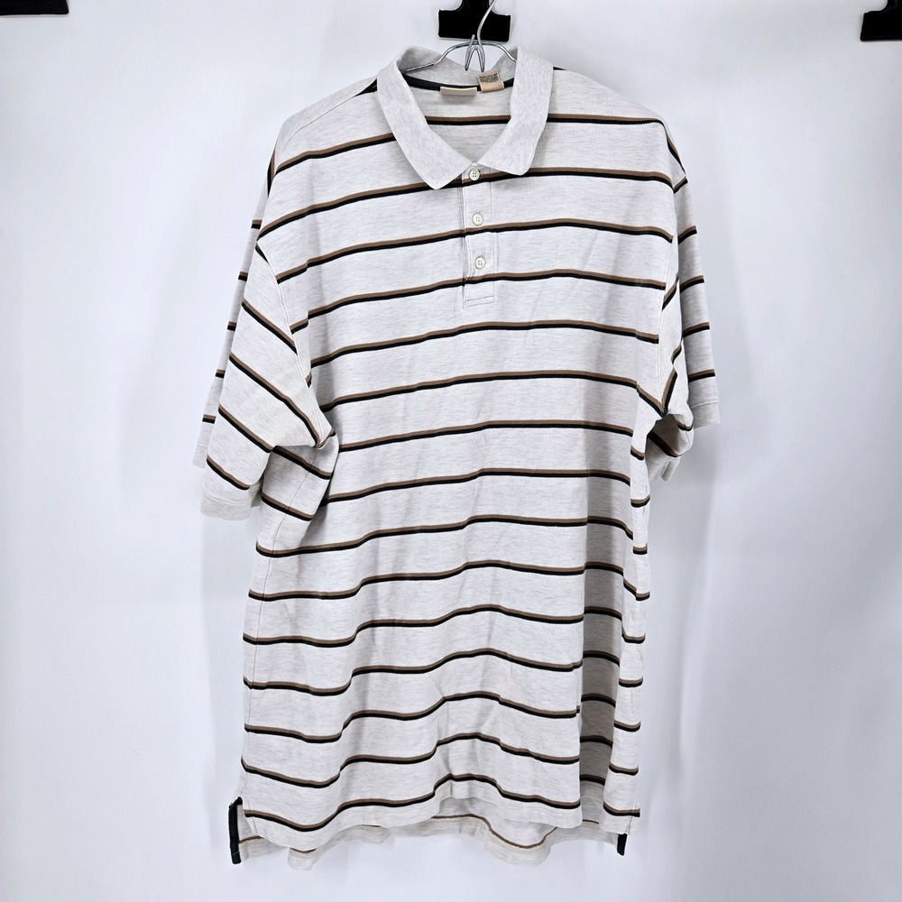 Striped Earth Tone Polo Shirt Pique Knit LL Bean XXL Tall Gorpcore Dad Vintage